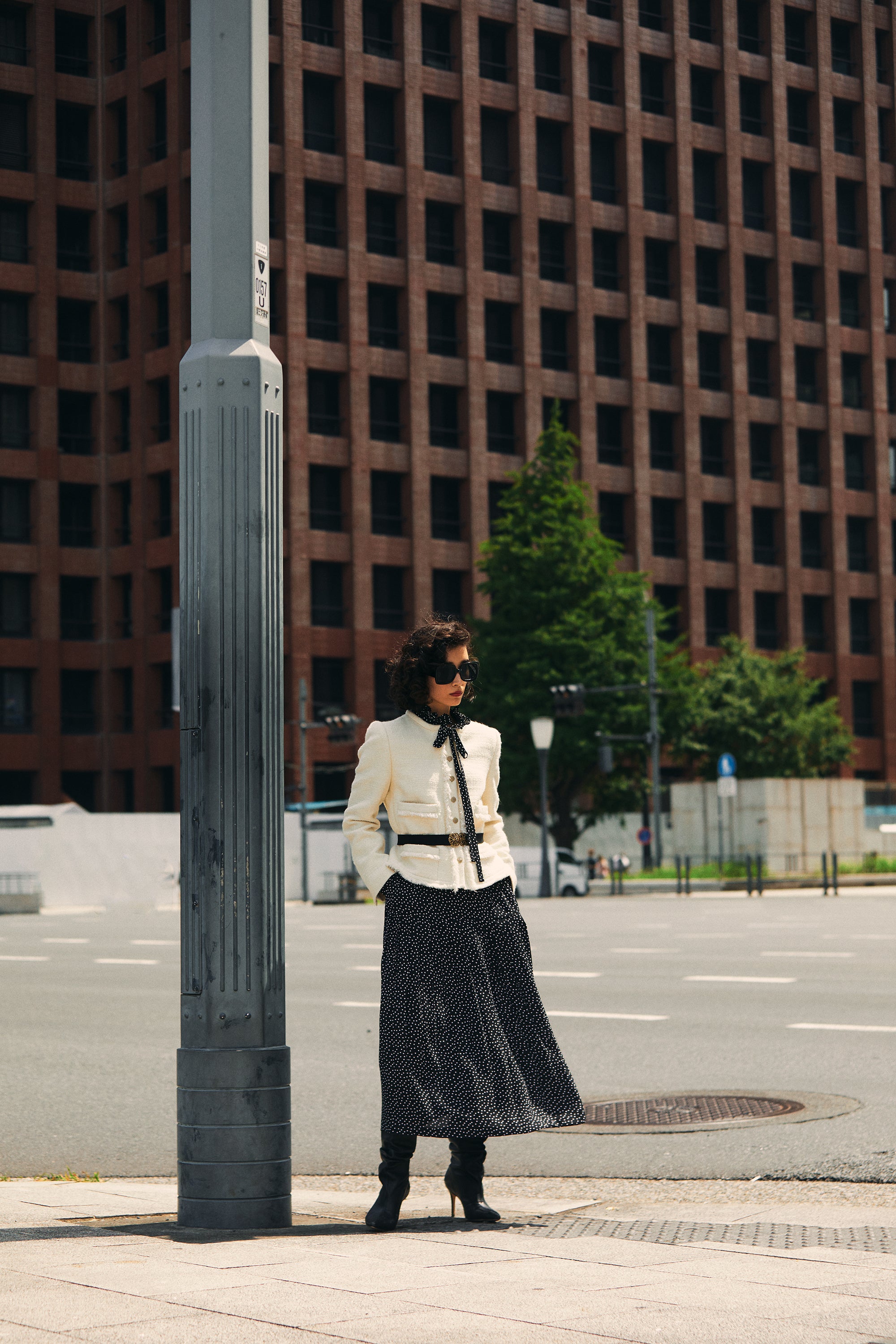 Crepe dot print pleated dress