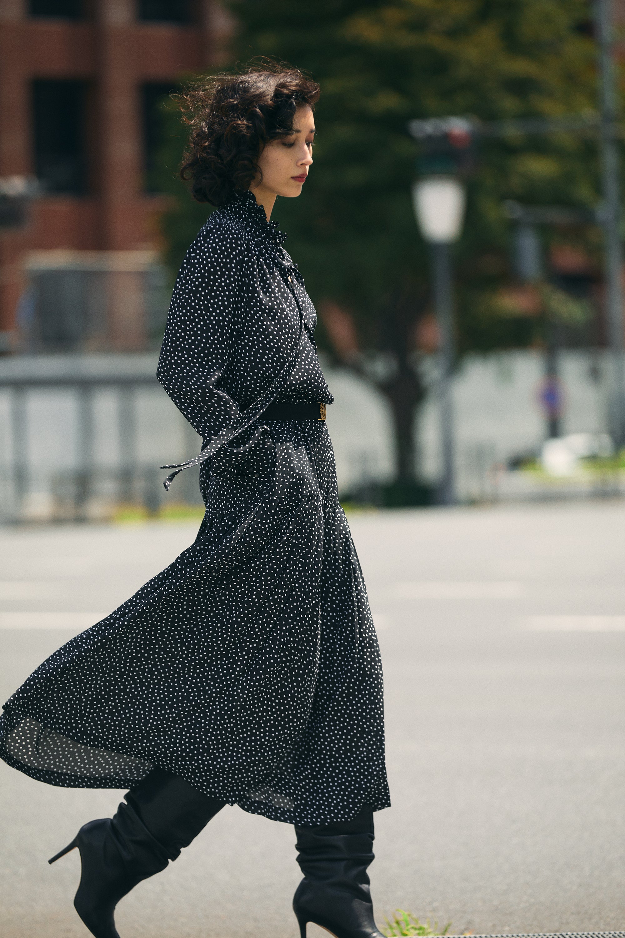 クレープドットプリント プリーツドレス