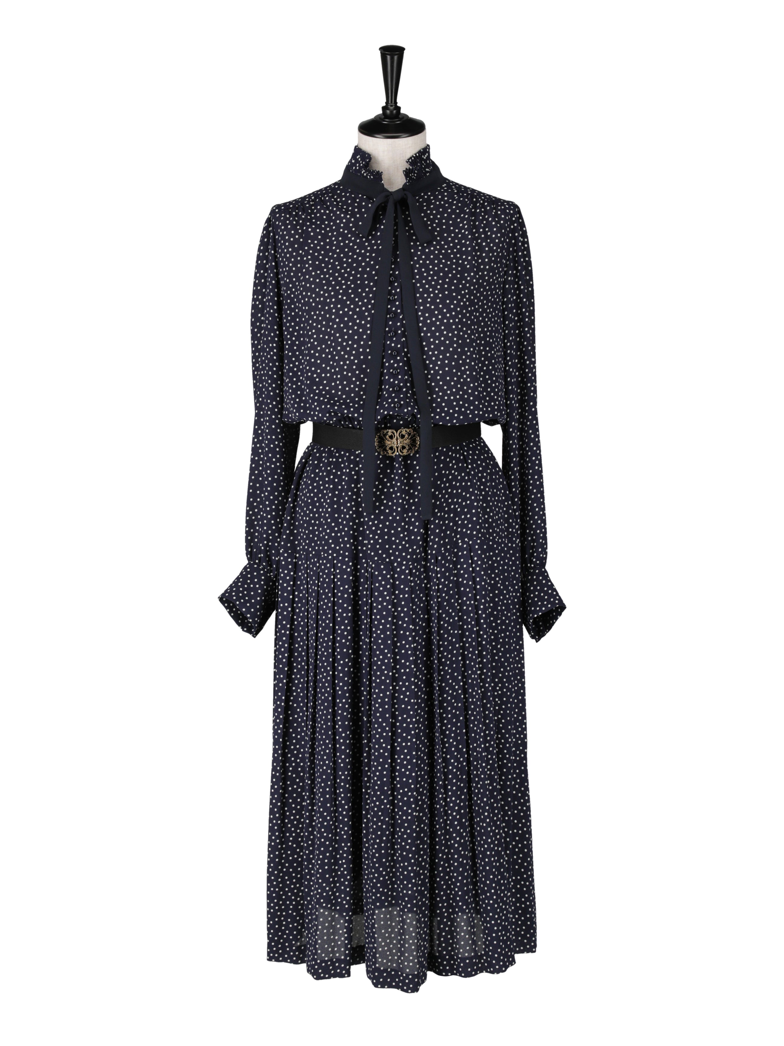 Crepe dot print pleated dress