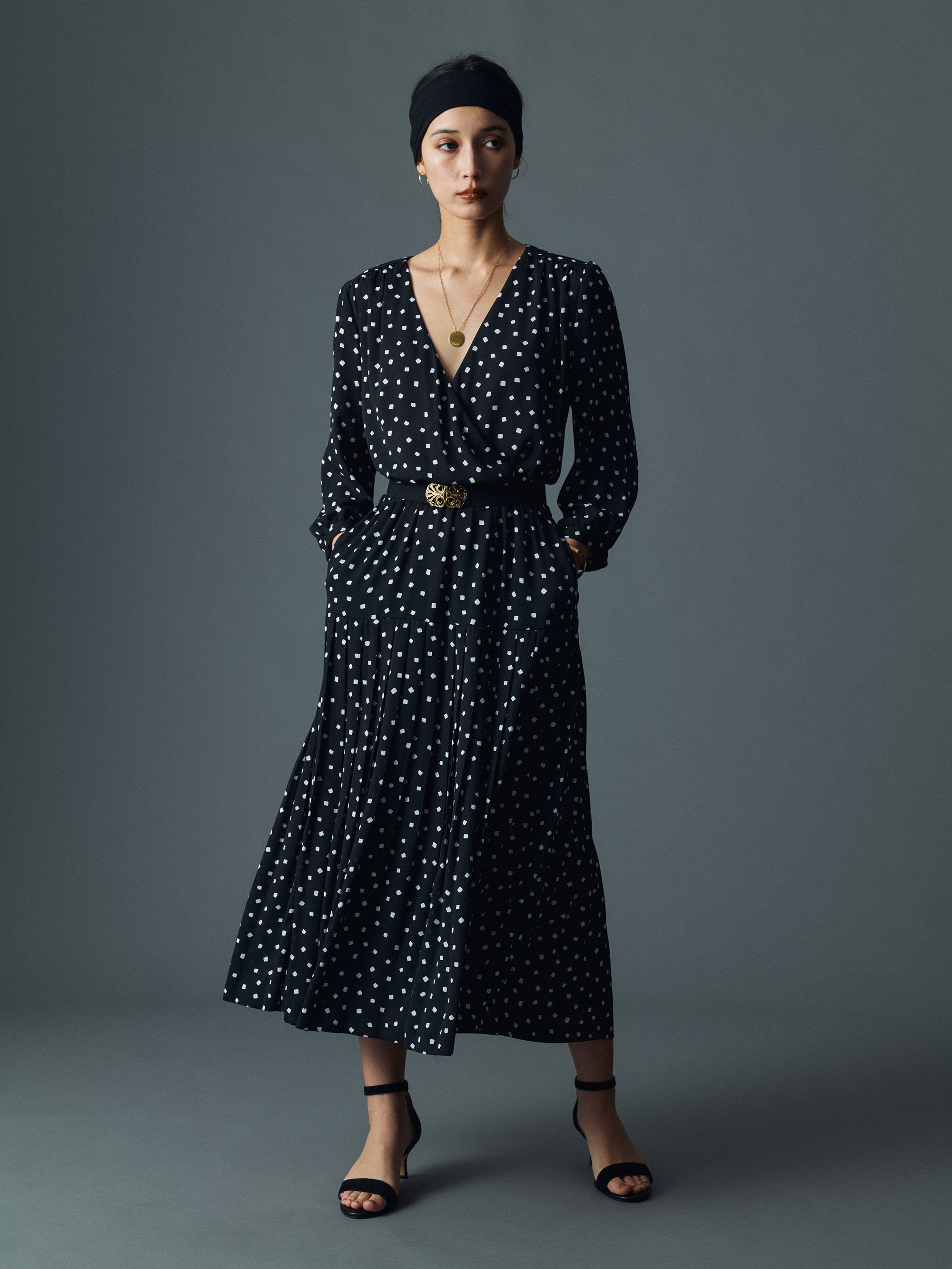 スクエアプリント　カシュクールプリーツドレス