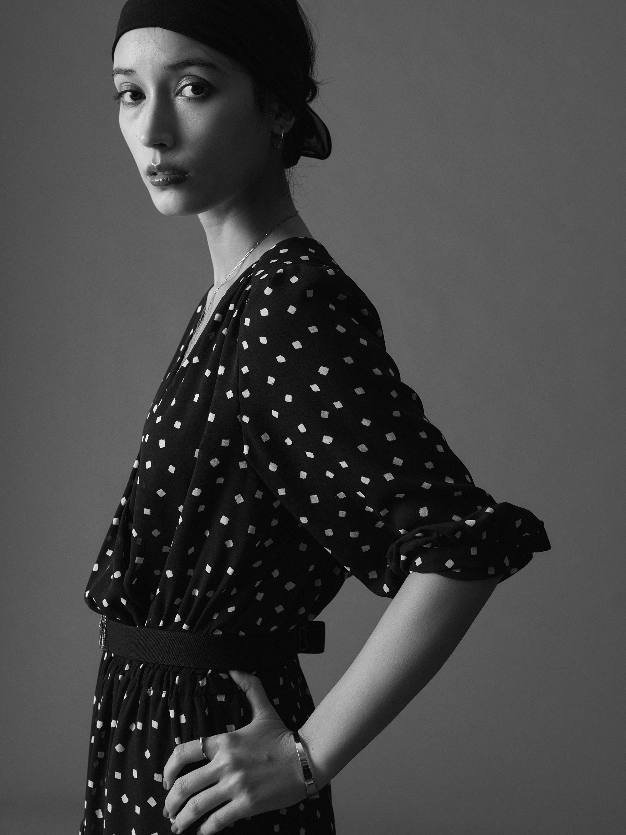 スクエアプリント　カシュクールプリーツドレス