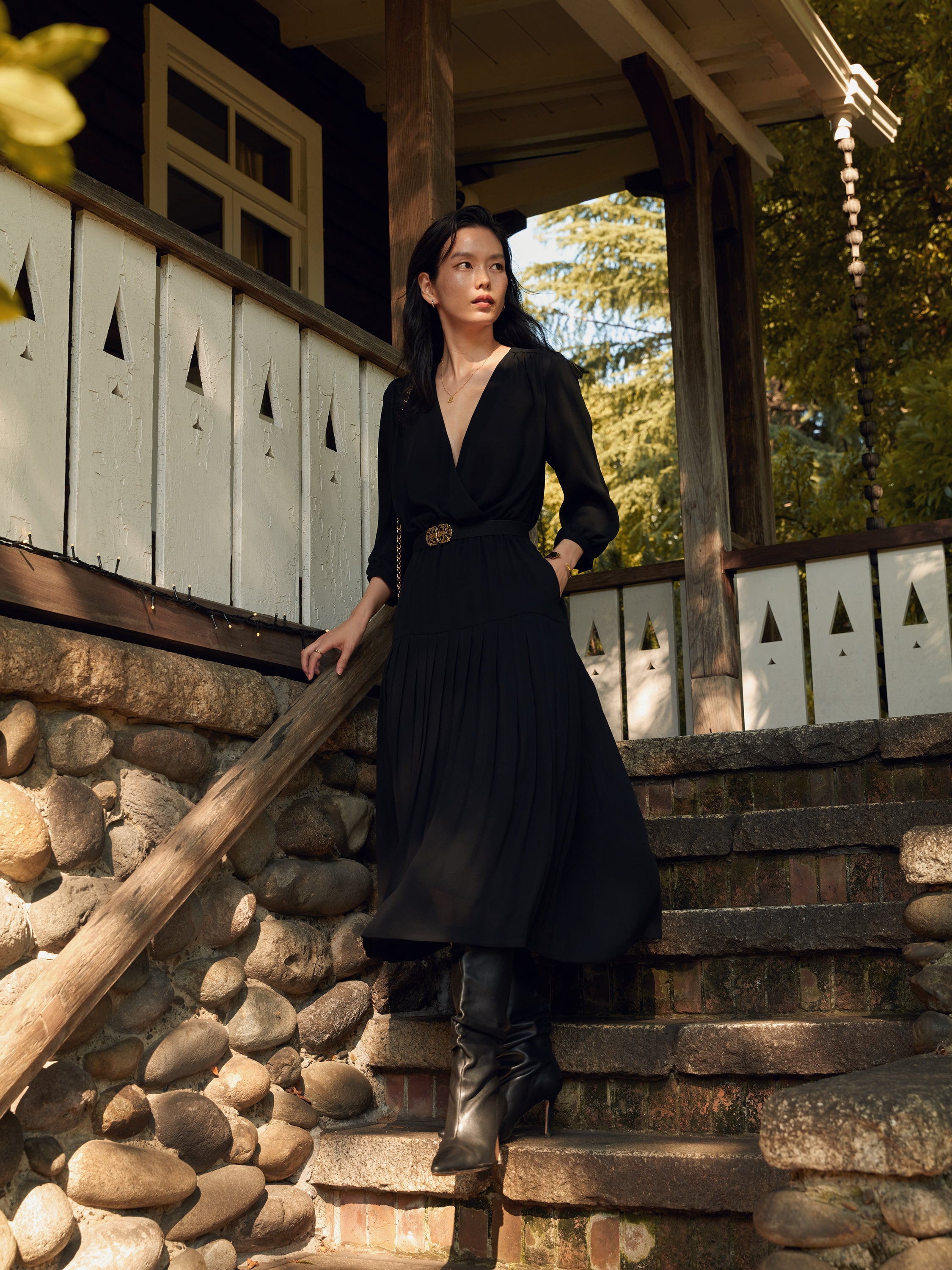 クレープ　カシュクールプリーツドレス