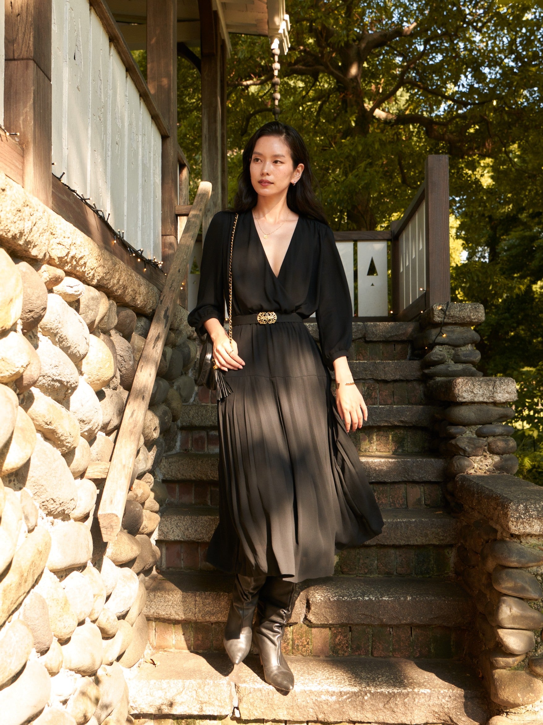 Crepe wrap pleated dress