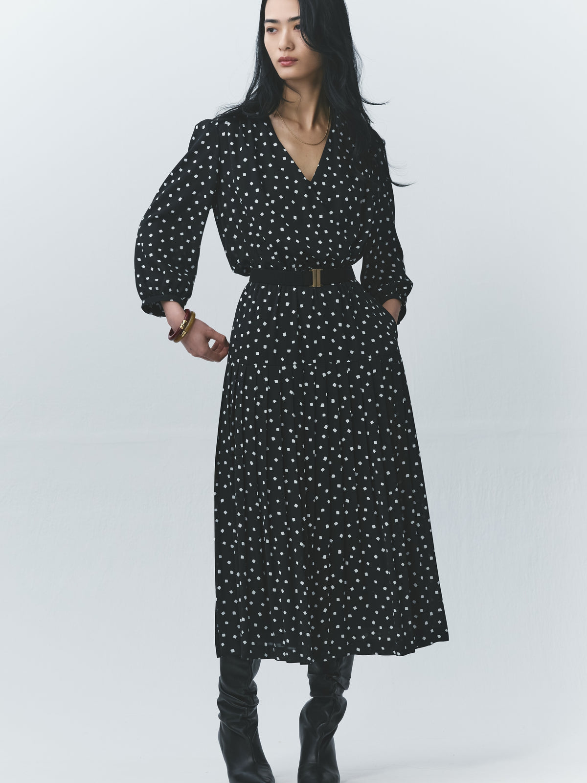 Square Print Sweater Pleated Dress